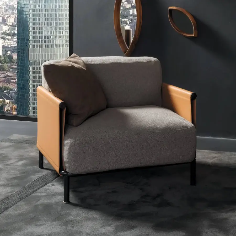Distinguished Horm SC2 lounge chair with black painted tubular cage, Canaletto walnut details and supple tan leather armrests