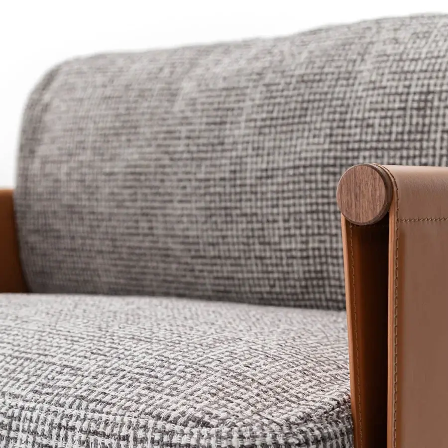 Exceptional Horm SC2 lounge chair with a black painted cage, woven gray cushions and Canaletto walnut with brown leather armrests