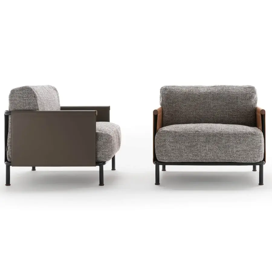 Elegant Horm SC2 lounge chair with a black painted tubular cage, Canaletto walnut details and woven gray textile upholstery