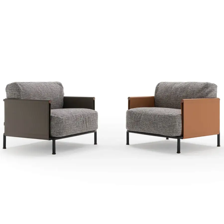 Distinguished Horm SC2 lounge chair with a black painted cage, Canaletto walnut details, patterned cushions, plus brown and dark gray leather armrests