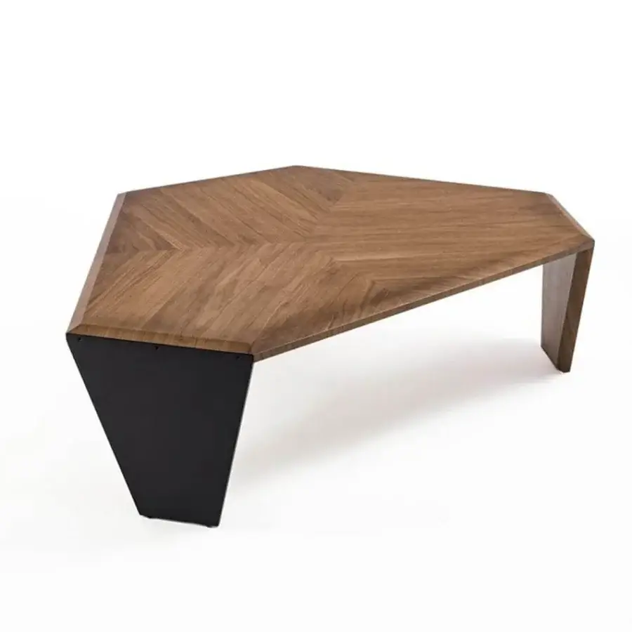 Elegant Porada Tortuga coffee table in polygonal canaletto walnut with inlayed veneer and black matt metal legs
