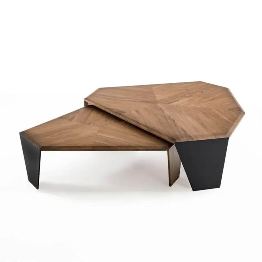 Distinguished Porada Tortuga coffee table with geometric canaletto walnut surfaces and black matt metal legs