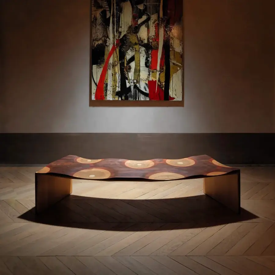 Exceptional Horm Ripples "Like a River" bench crafted in walnut, mahogany, cherry, oak, and ash with a dark brown finish