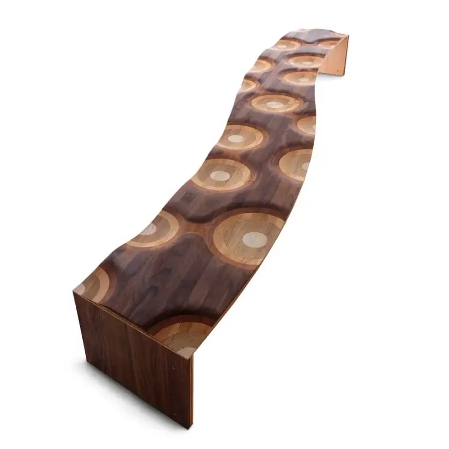 Superior Horm Ripples "Like a River" bench crafted in walnut, mahogany, cherry, oak and ash with hand-finished surface