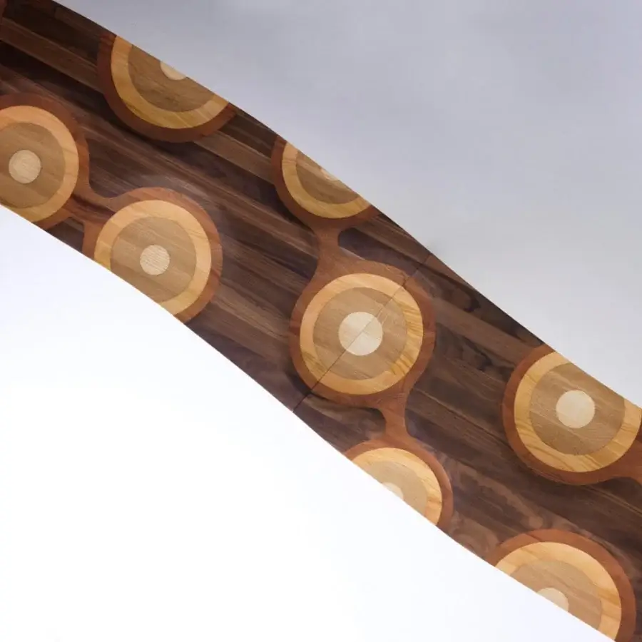 Elegant Horm Ripples "Like a River" bench crafted in walnut, mahogany, cherry, oak, and ash with a hand-finished, polychromatic surface