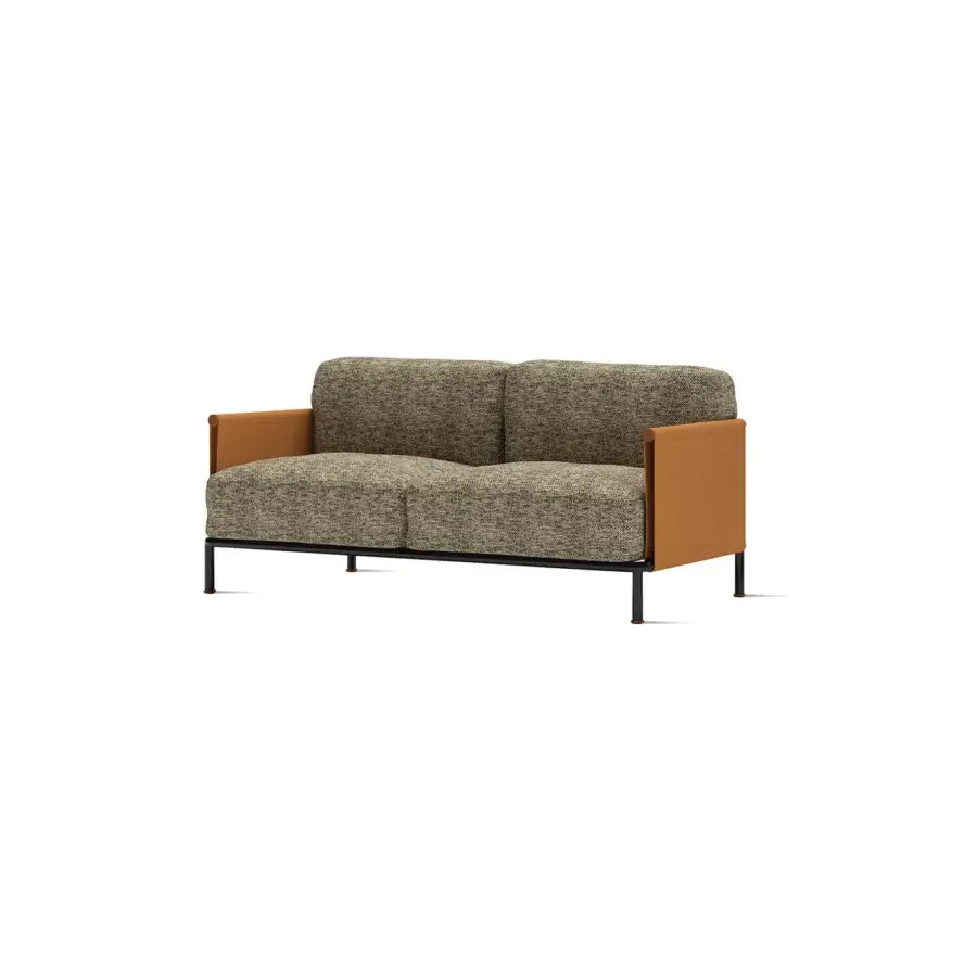 Superior Horm SC2 sofa with a black painted tubular cage, Canaletto walnut details and supple light brown leather armrests