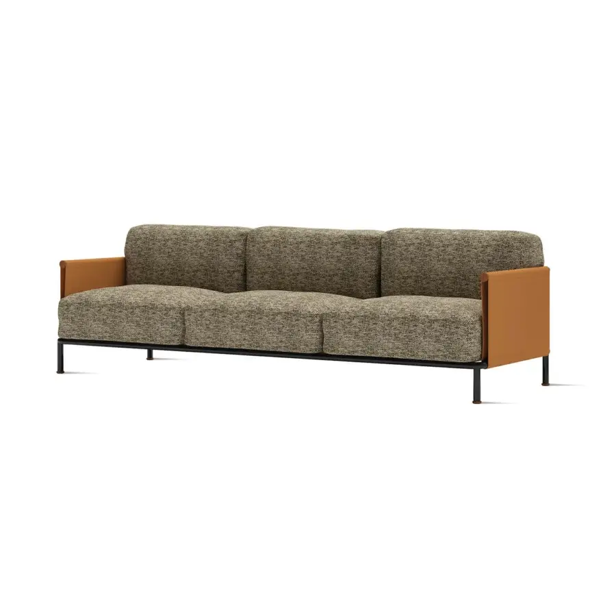 Captivating Horm SC2 sofa with blended browns and tans textile cushions, tan leather upholstery, plus a black painted cage with Canaletto walnut details