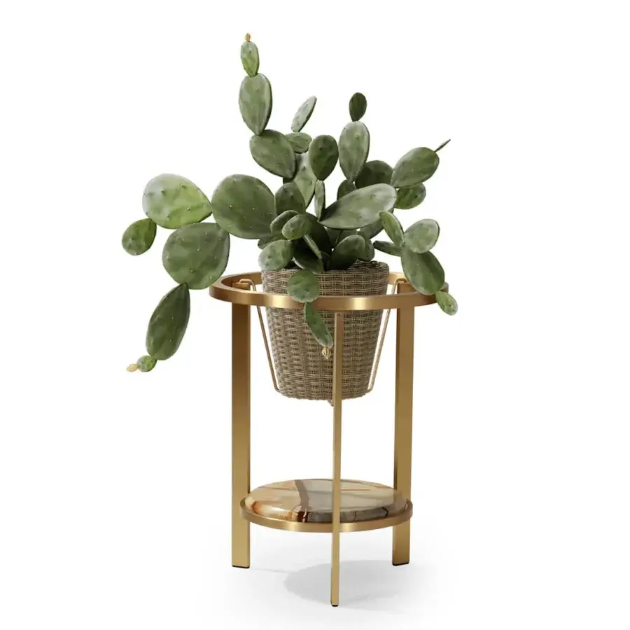 Sophisticated Borzalino Paul 2F planter with gold-colored metal brass structure and woven basket complemented by a stone-like shelf