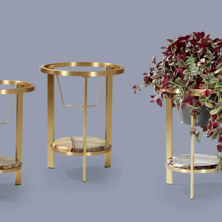 Superior Borzalino Paul 2F planter with faux marble and a glossy golden metal brass structure