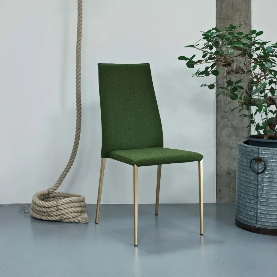 Exceptional Bontempi Tai chair with curved lines upholstered in textured dark green textile and matte gold finished metal legs