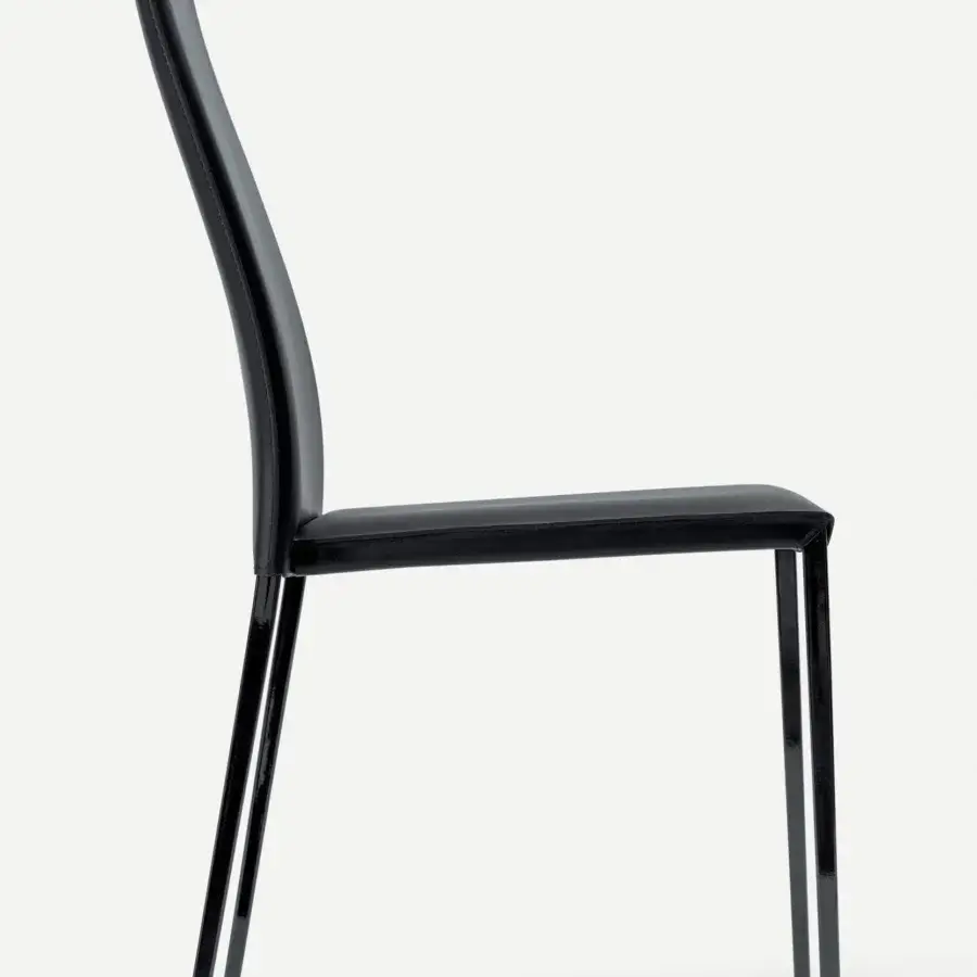 Distinguished Bontempi Tai chair with curved back and glossy black metal frame built in black leather-like upholstery
