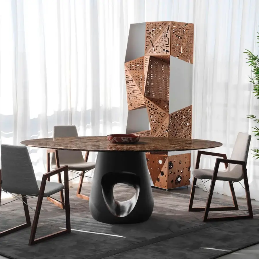 Avant-garde Horm Riddled Totem storage with an aluminum frame and origami-folded wooden sheets in a light brown matte finish