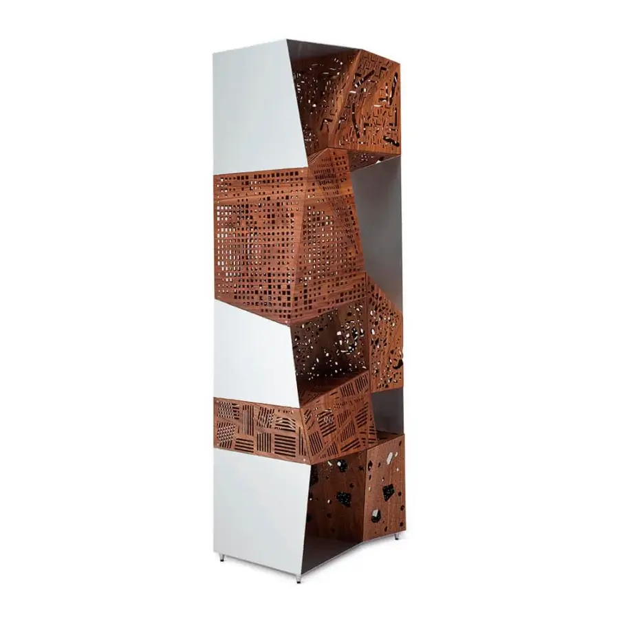 Exceptional Horm Riddled Totem storage built with an aluminum frame and five origami-folded wooden units with laser-cut perforations and matte white sections