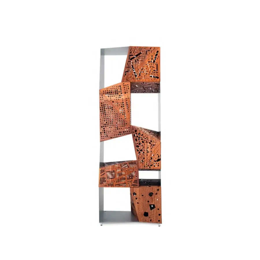 Distinguished Horm Riddled Totem storage built with an aluminum frame supporting five origami-folded wooden units with laser-cut patterns