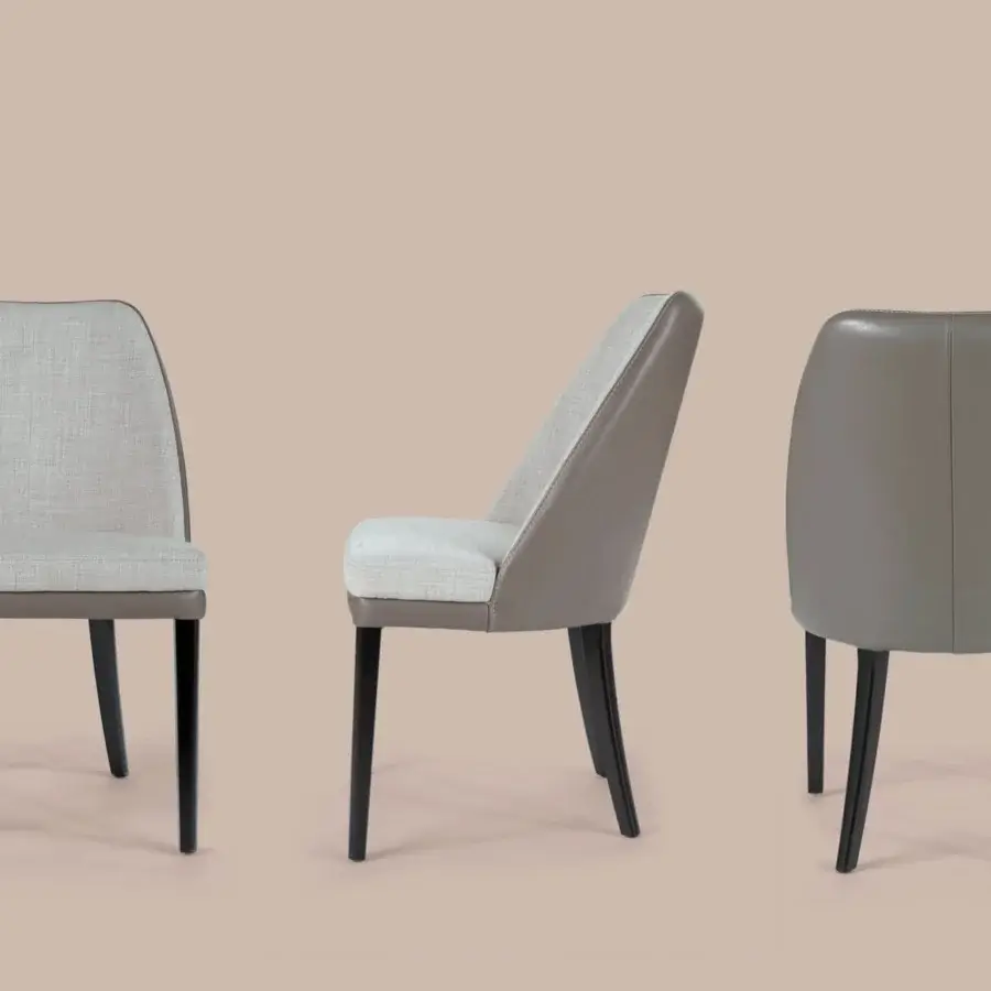 Distinguished Borzalino Julie chair with light and darker grey bi-cover upholstery and matte solid oak legs