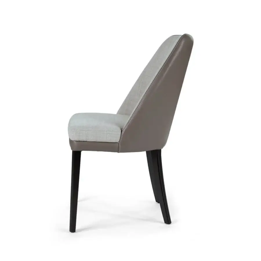 Refined Borzalino Julie chair with light gray textile and grayish-brown synthetic upholstery, built with dark brown solid oak legs with a natural finish