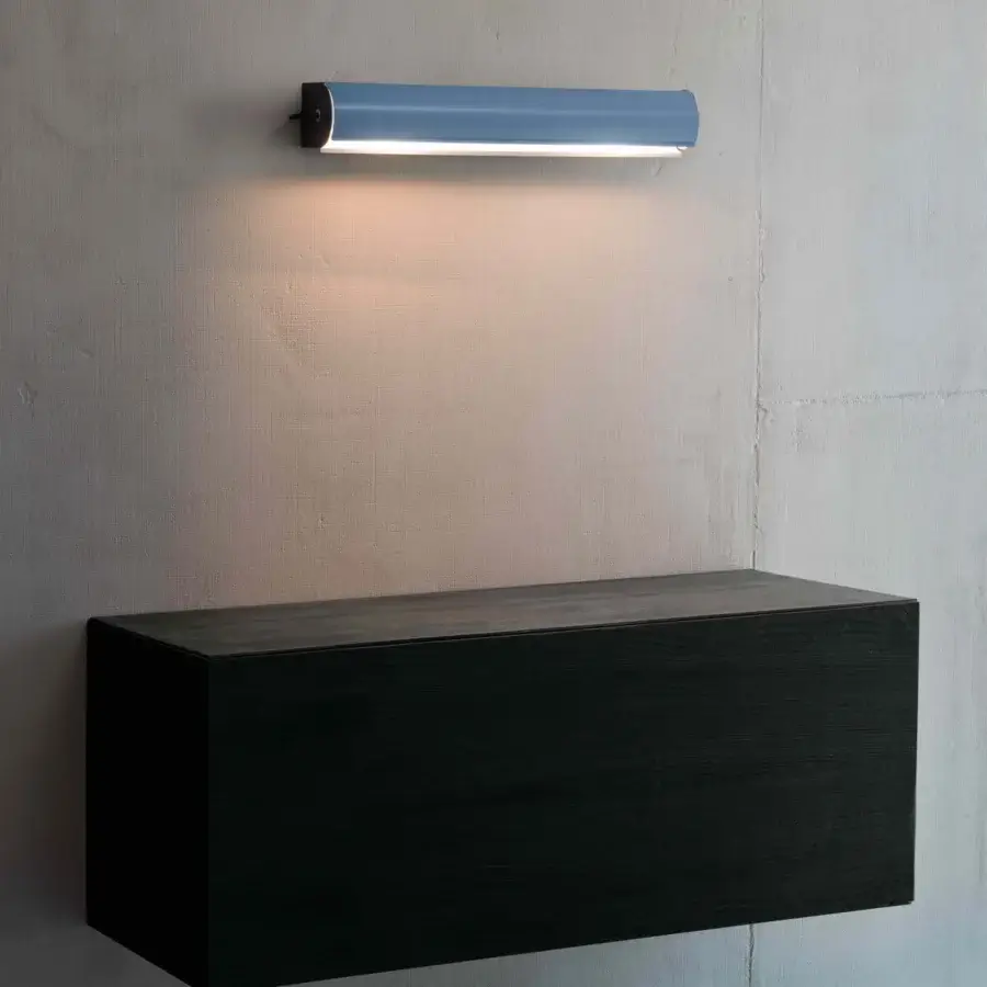 Distinguished Nemo Lighting Applique Cylindrique Longue wall lamp with light blue finish and pivoting shade crafted in Italy