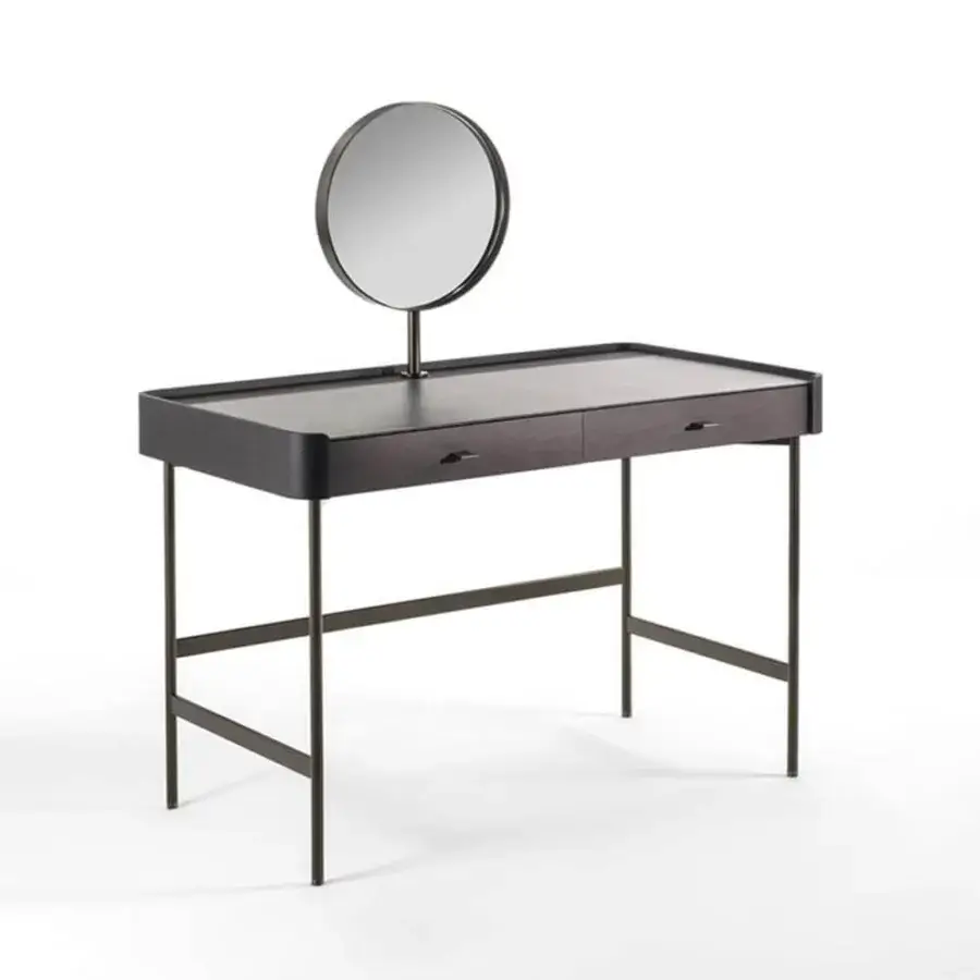 Refined Porada Dafto vanity with dark Cuoietto leather tabletop and Bronzoro metal base supporting a swiveling mirror