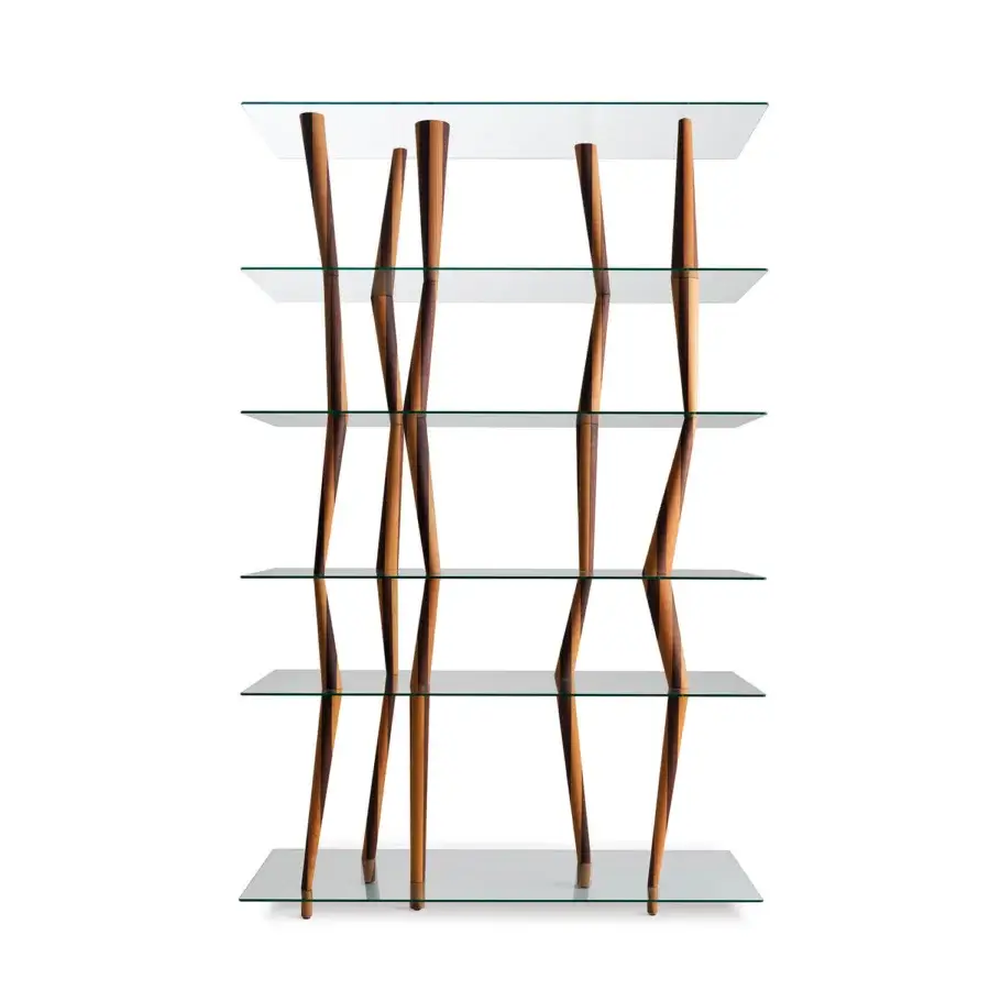 Exceptional Horm Sendai bookcase with six clear glass shelves and uniquely turned warm-brown finished solid wood elements crafted in Italy