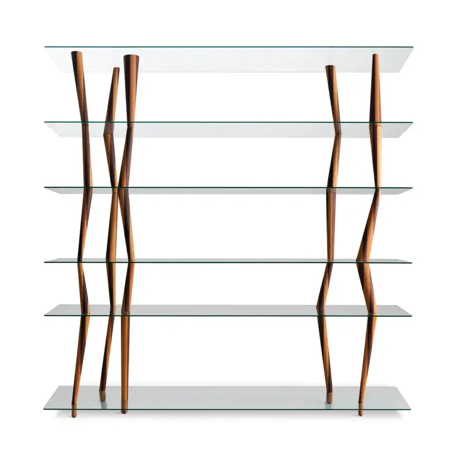Captivating Horm Sendai bookcase with six clear glass shelves connected by uniquely turned solid wood and smooth finish