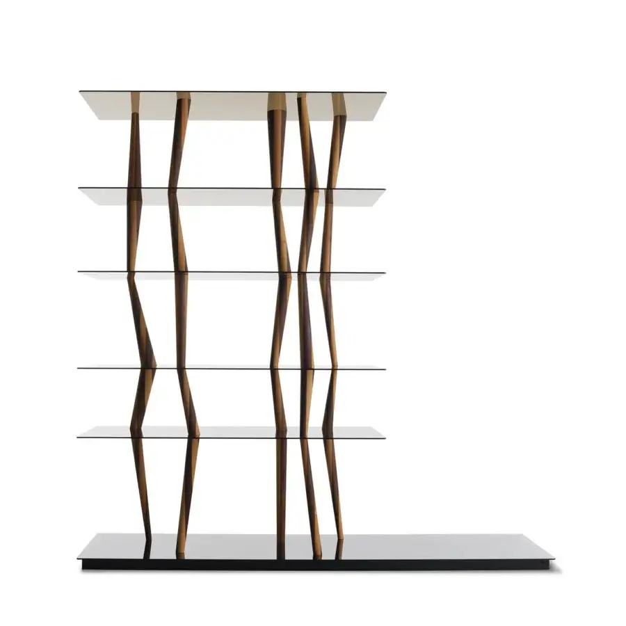 Architectural Horm Sendai bookcase with six clear glass shelves and meticulously turned light-finished solid wood supports