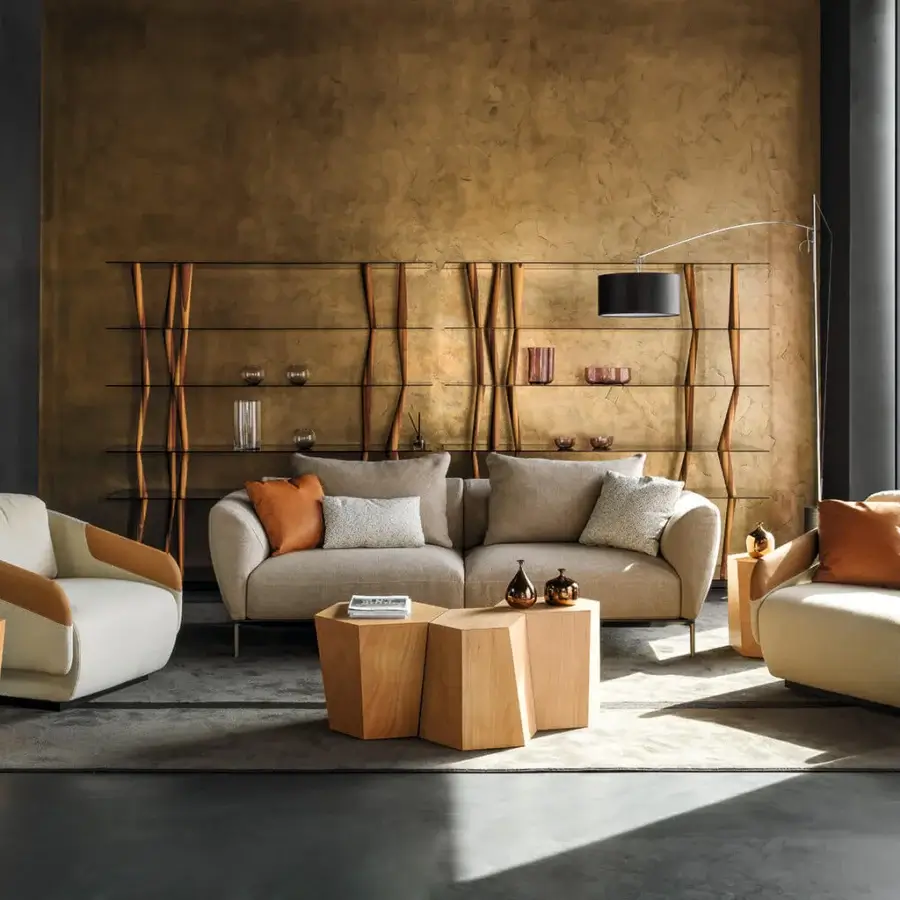 Distinctive Horm Sendai bookcase with six transparent glass shelves and uniquely inclined solid wood elements in a natural finish