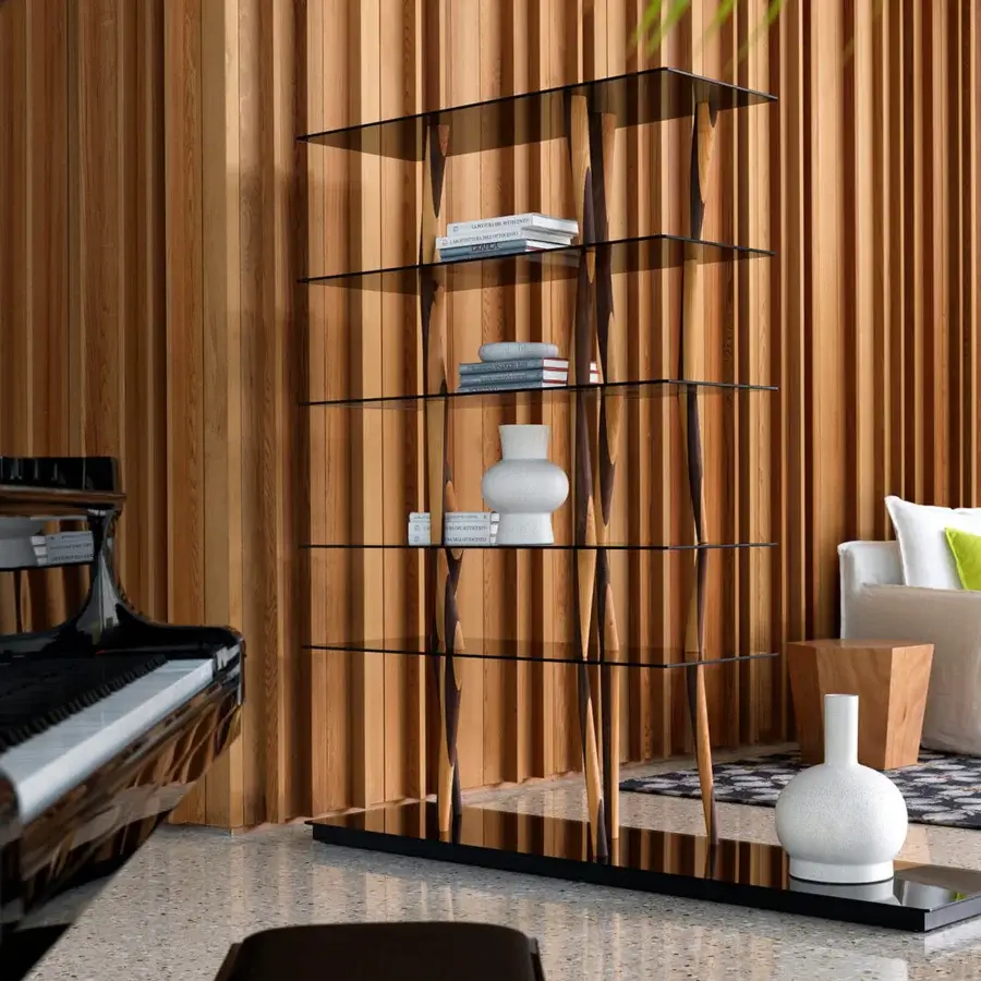 Captivating Horm Sendai bookcase with six transparent glass shelves and uniquely angled dark-colored solid wood with glossy finish