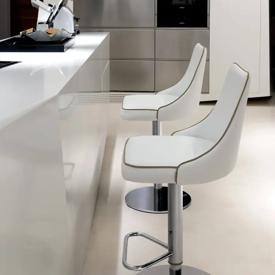 Elegant Bontempi Clara stool in bright white synthetic leather with subtle brown textile trim and glossy metal base