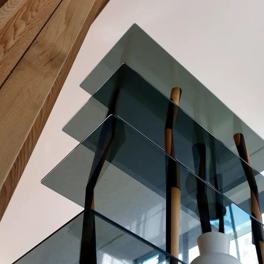 Captivating Horm Sendai bookcase with six glass shelves connected by uniquely turned solid wood elements in light tones