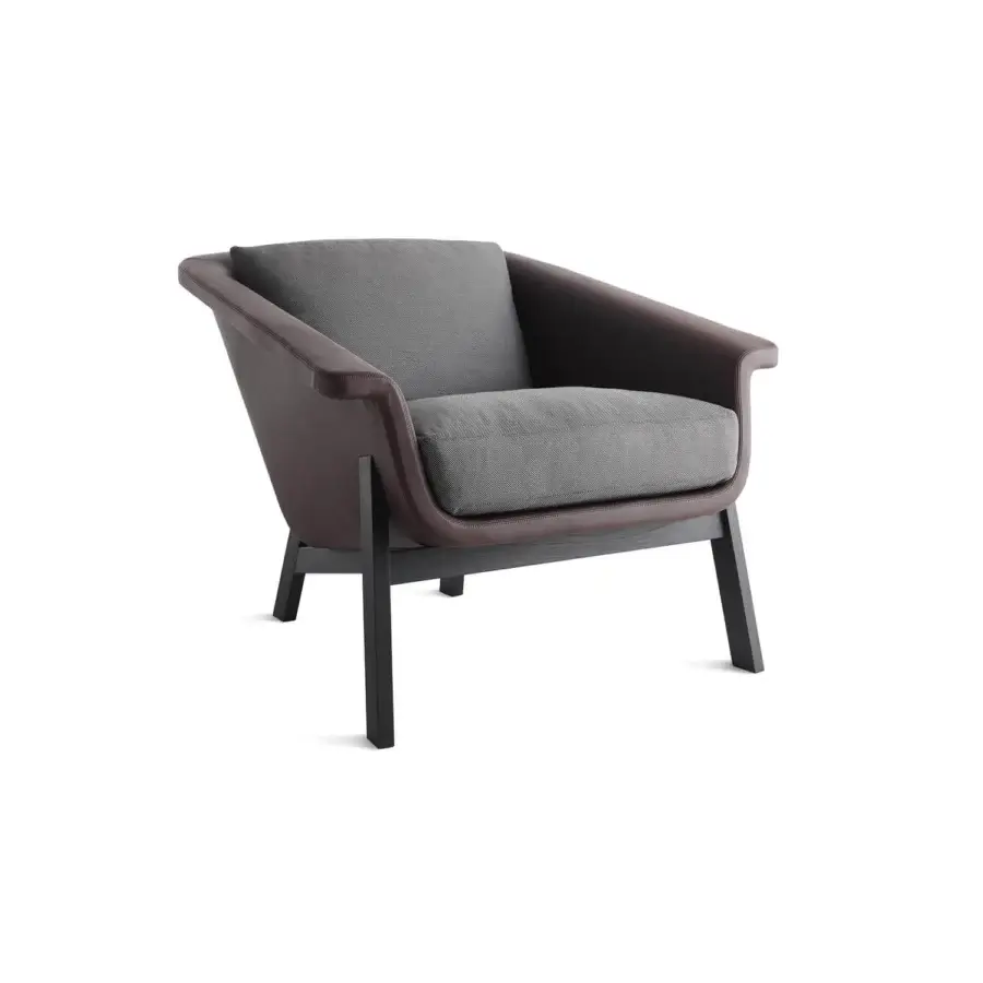 Distinguished Horm Sienna lounge chair with enveloping cushions upholstered in grey textile and curved brown leather armrests built with dark wood legs