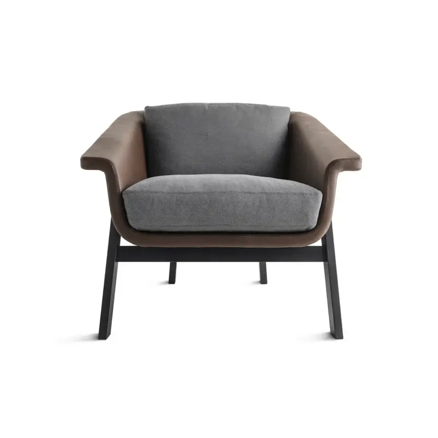 Exceptional Horm Sienna lounge chair with enveloping gray textile cushions and brown leather-like armrests built with dark wooden legs