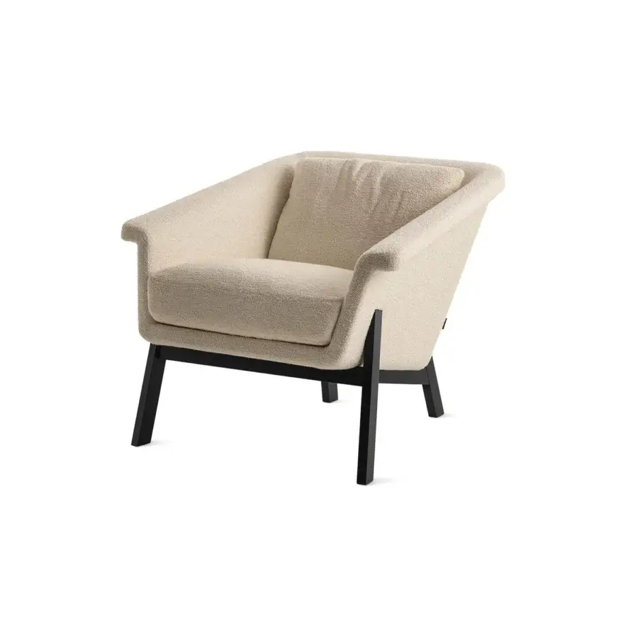 Superior Horm Sienna lounge chair upholstered in light cream textured fabric with dark wooden legs