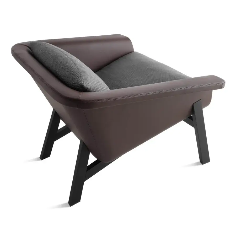 Elegant Horm Sienna lounge chair upholstered in smooth brown leather or premium fabric with a sleek black wooden frame