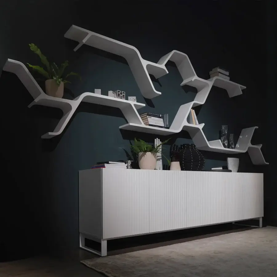 Distinguished Horm Sinapsi shelf, a modular shelving unit crafted in lacquered-polyurethane with interconnected curving planes for display