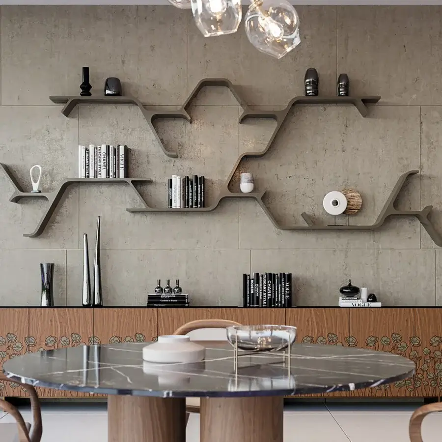 Exclusive Horm Sinapsi shelf, a modular wall unit with organic form crafted in lacquered-polyurethane with a smooth matte finish