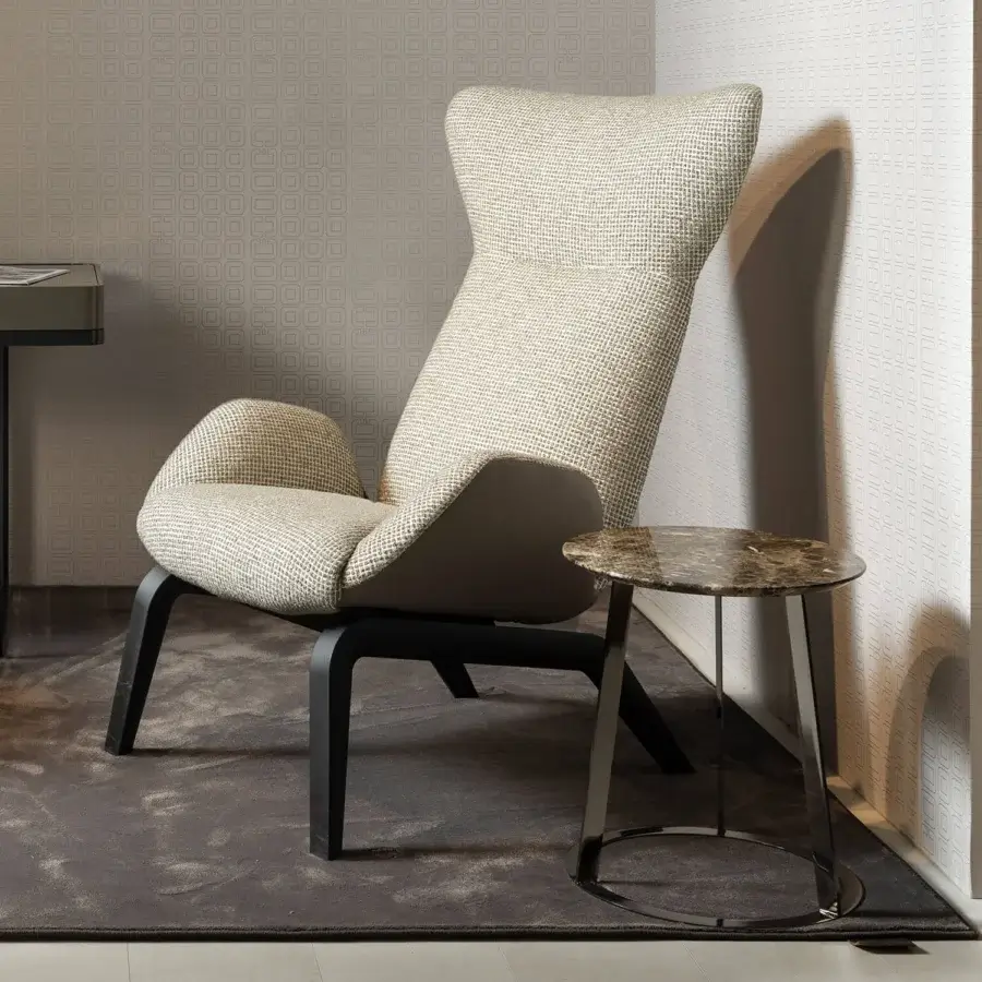 Distinguished Horm Soho lounge chair with enveloping light beige woven textile and dark wooden base