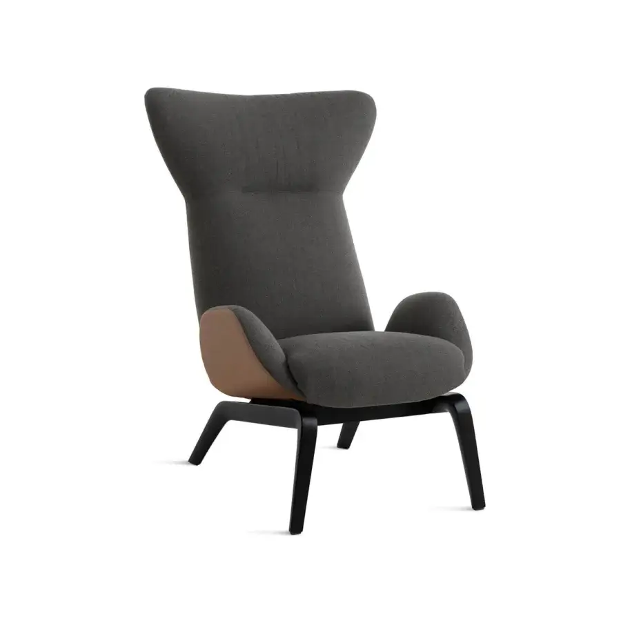 Superior Horm Soho lounge chair with enveloping gray textile and refined dark wooden splayed legs