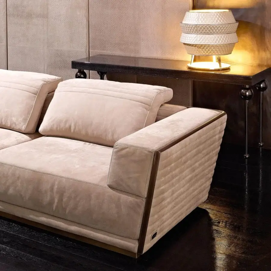 Superior Rugiano Empire sofa with a geometric silhouette, light beige suede-like textile upholstery and bronze finished metal base