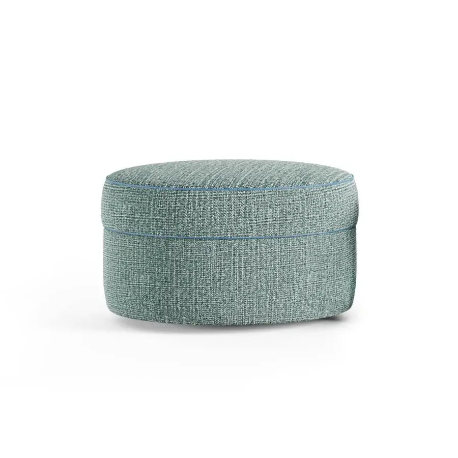 Exceptional Borzalino Frisbee ottoman in light teal woven textile with delicate lighter blue trim and poplar plywood structure