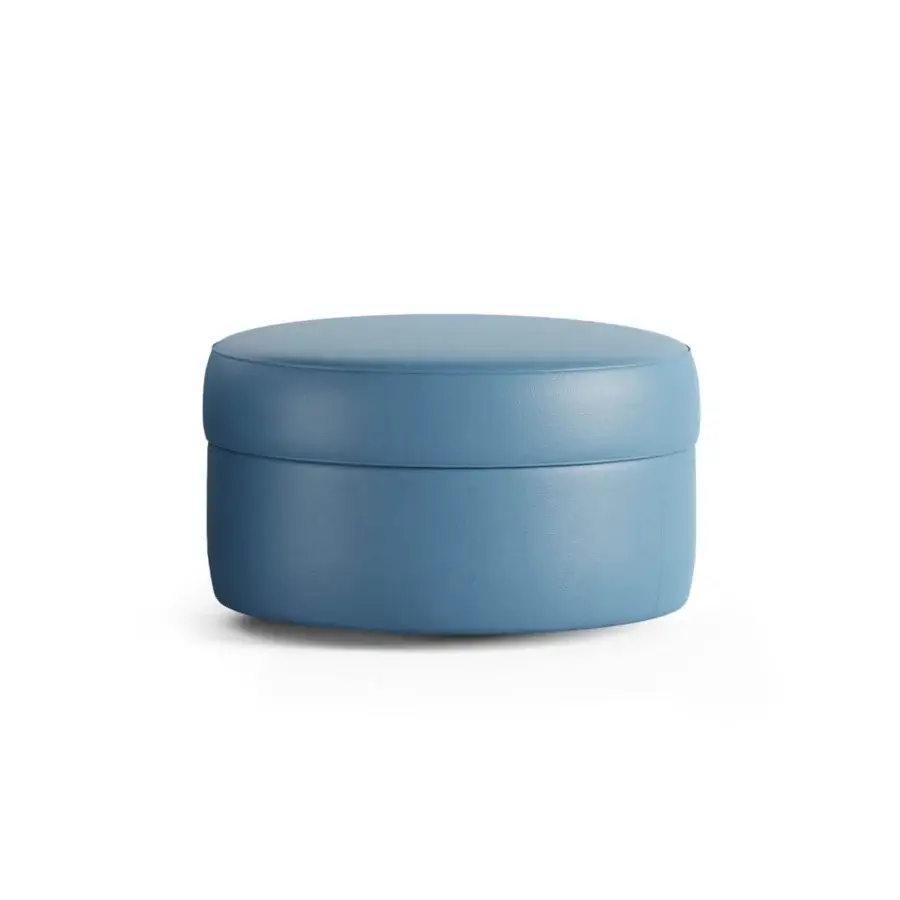 Superior Borzalino Frisbee ottoman crafted in light blue leather or synthetic material with polyurethane foam and polyester fibre filling