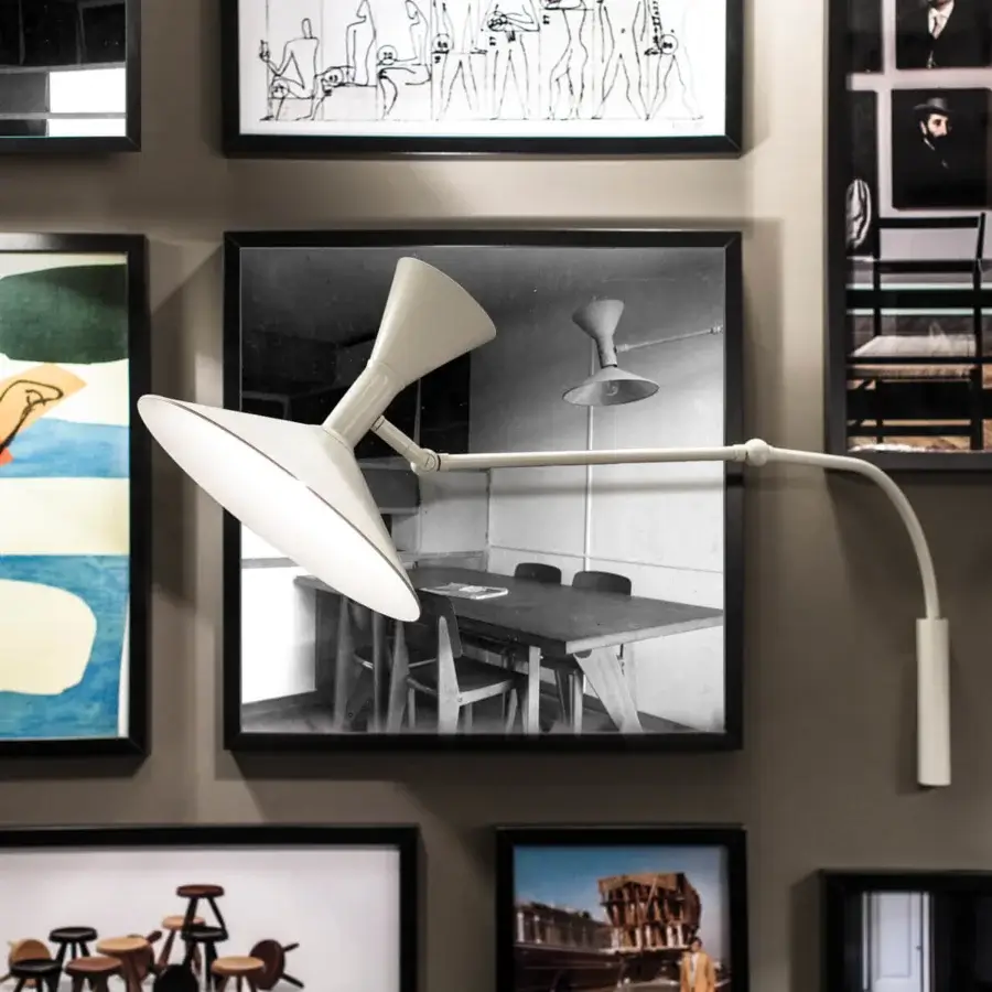 Architectural Nemo Lighting Lampe de Marseille wall lamp with adjustable arm and two white conical shades crafted in Italy