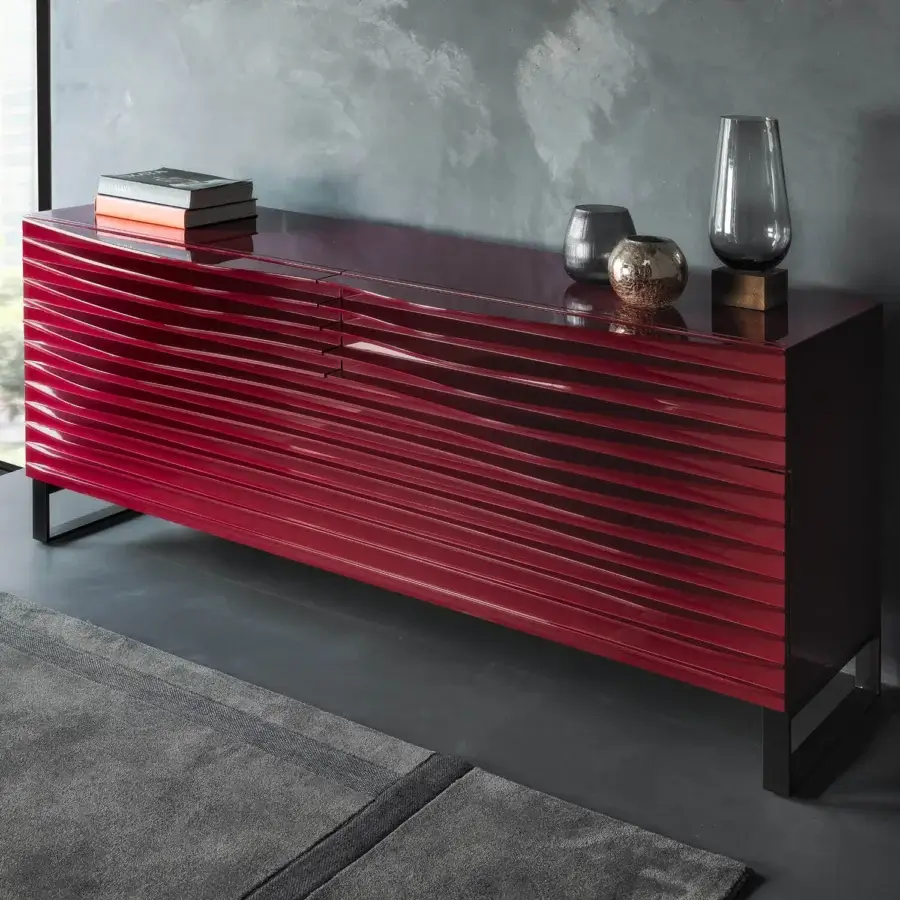 Distinguished Horm Tide sideboard crafted with glossy red MDF and horizontal ribbing atop a dark metal base