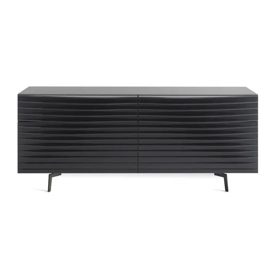 Distinguished Karim Rashid Horm Tide sideboard with horizontally sculpted front crafted in dark toned MDF and supported by thin metal legs