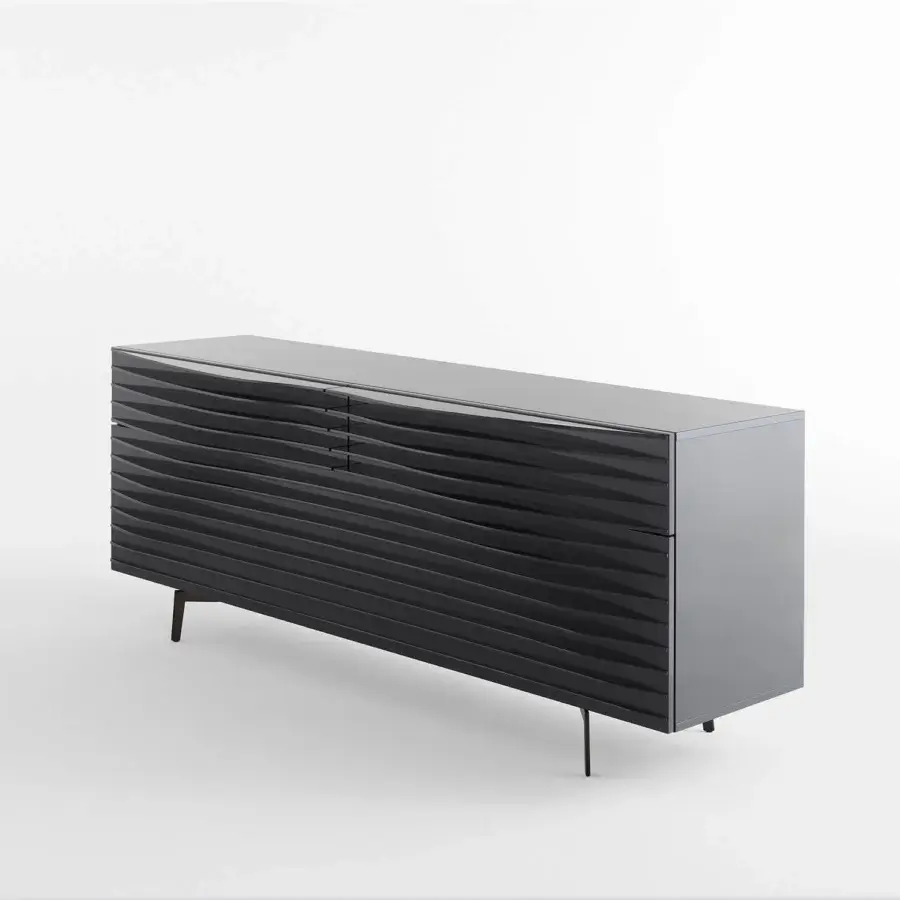 Captivating Karim Rashid Horm Tide sideboard with horizontal ribbed front built in dark gray MDF and smooth light gray panels with metal legs
