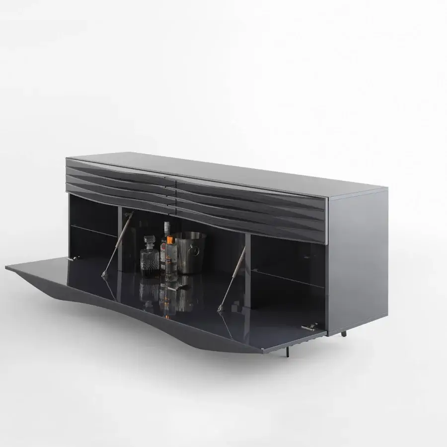Superior Horm Tide sideboard with sculpted evenly-spaced MDF front in dark gray glossy finish built with a flap and drawers