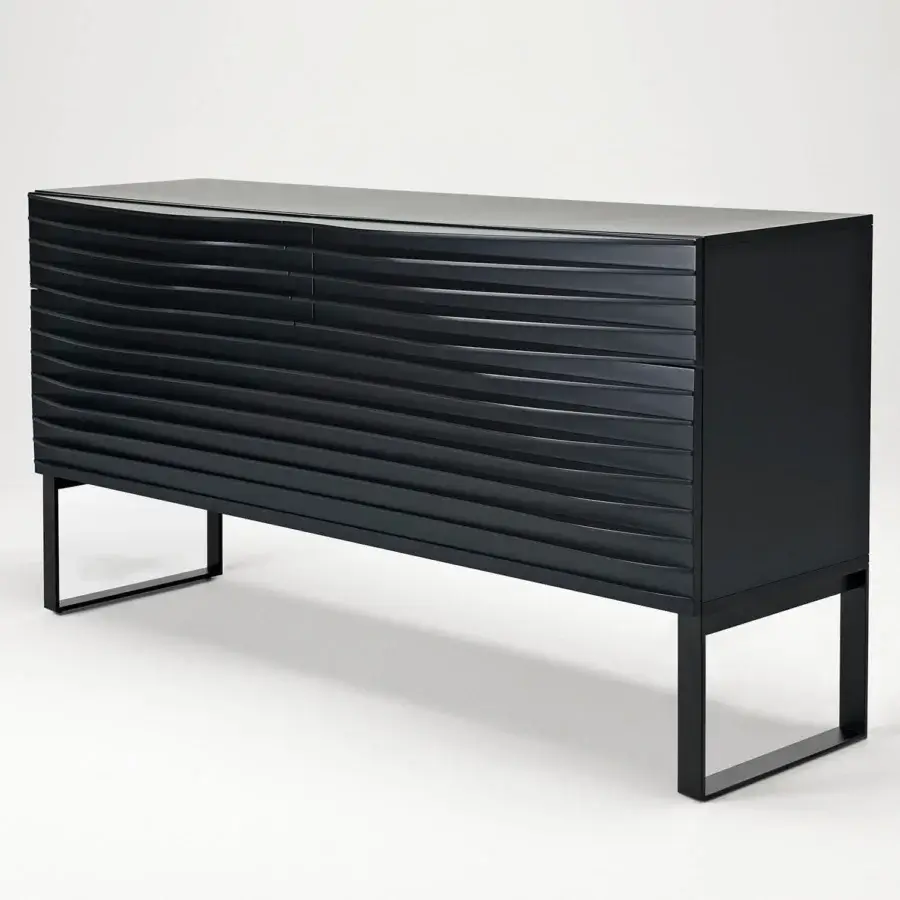Distinguished Horm Tide sideboard crafted in Italy with a uniquely sculpted evenly-spaced MDF front and minimalist metal base in dark gray matte finish