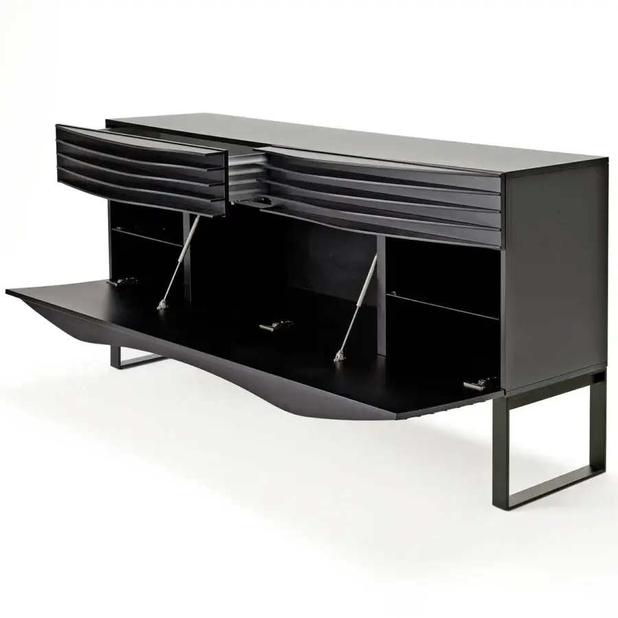 Elegant Horm Tide sideboard crafted in Italy with a sculptured evenly-spaced matte black MDF front and sleek metal base
