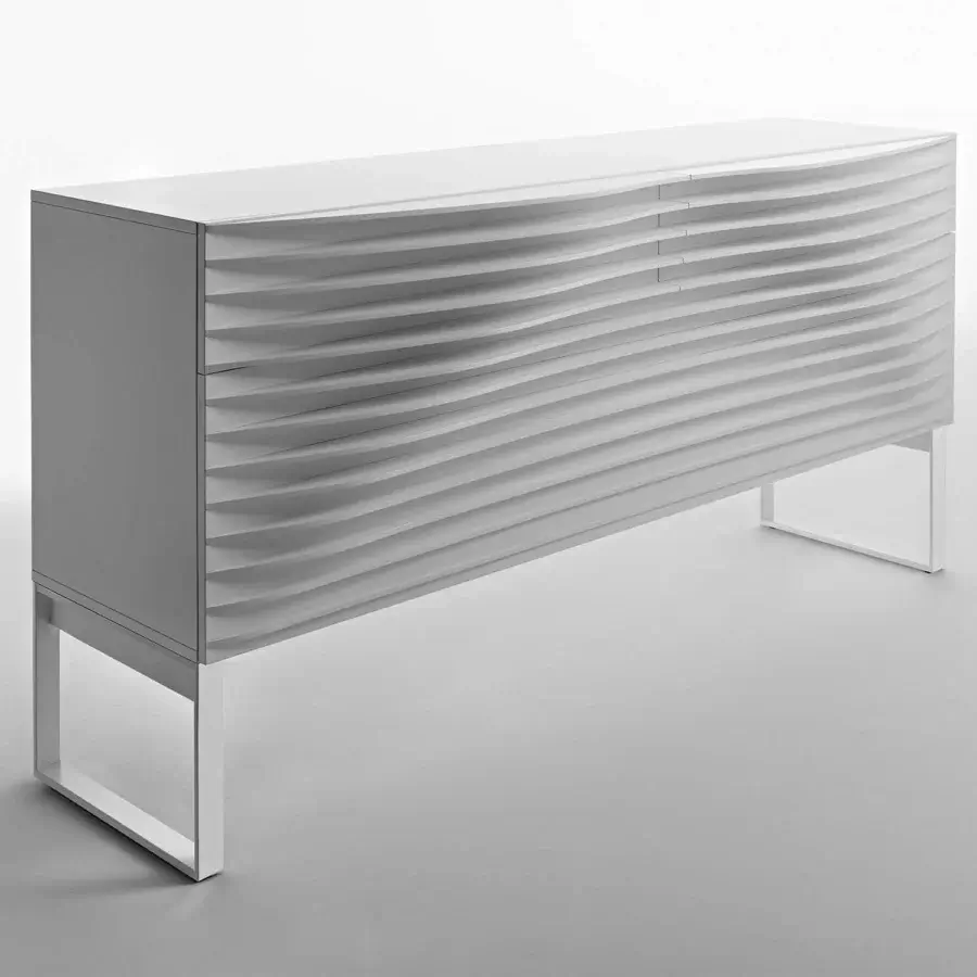 Distinctive Horm Tide sideboard with sculpted evenly-spaced MDF sheets and open rectangular metal legs in matte white finish