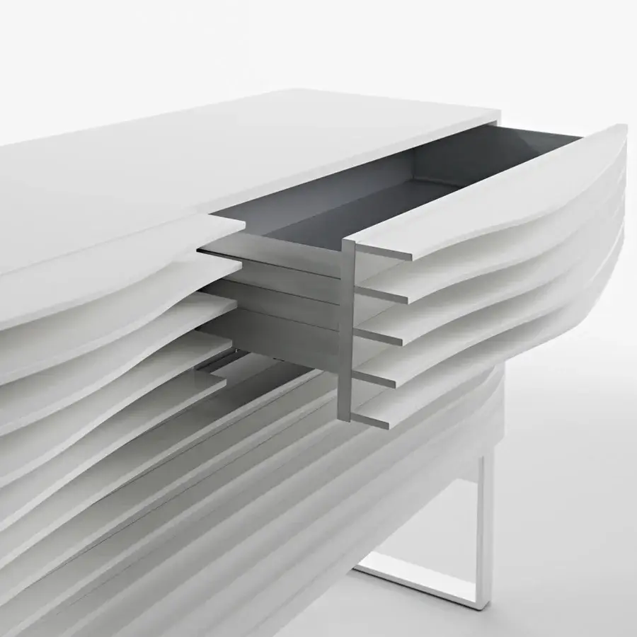 Remarkable Horm Tide sideboard with a gently sculpted form built in evenly-spaced MDF sheets and smooth matte white finish