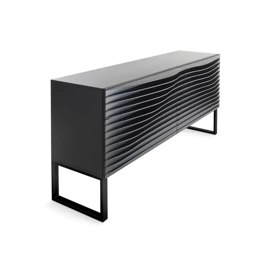 Superior Horm Tide dresser with a captivating wave-like front built in evenly-spaced MDF and supported by black metal legs in a dark gray matte finish